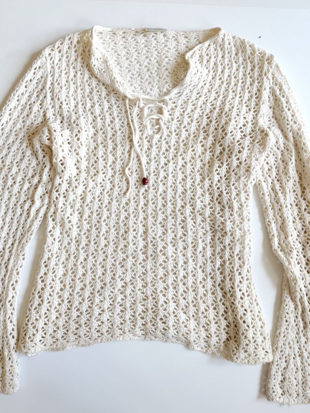 Vintage Boho Cream Crochet Knit Sweater Size M/L Lace Bell Sleeve Festival Y2K